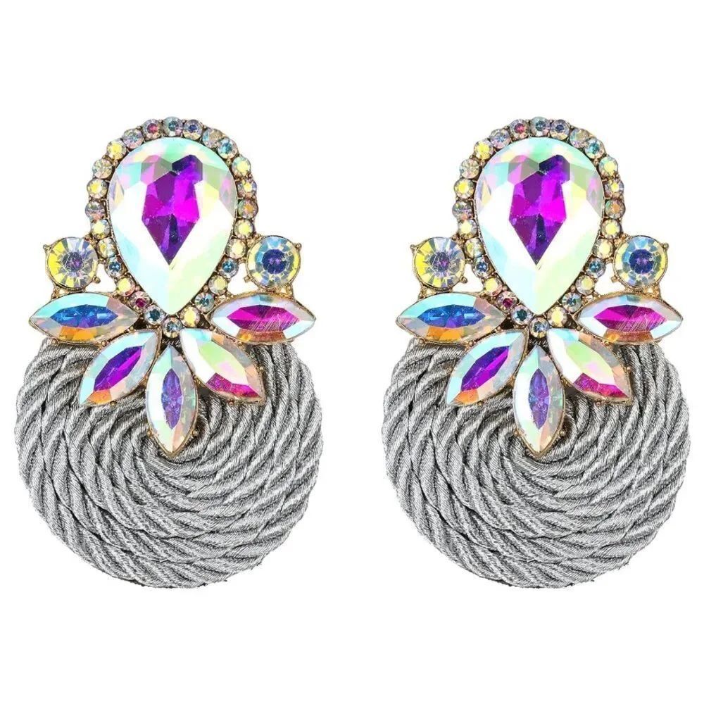 Yellow Gold with Iridescent AB Crystal Floral Cluster Rattan Statement Earrings